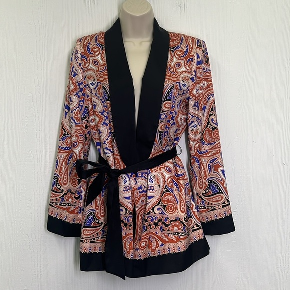 Zara - Colorful Paisley Print Black Lapels And Tie Belt Kimono Blouse Size Small - Picture 3 of 13